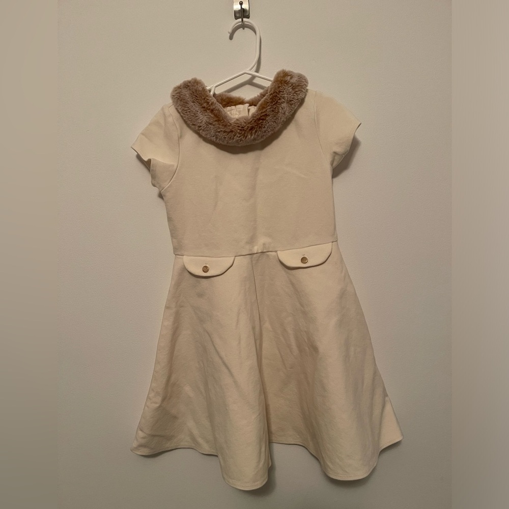 Girls size 6 Hope & Henry short sleeved cream dress with fur collar